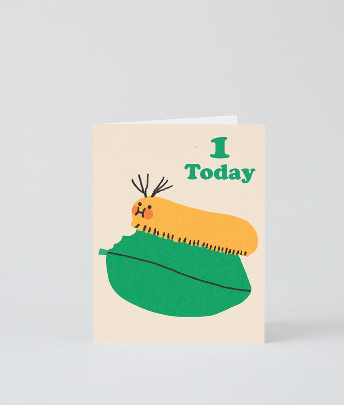 1 today kids birthday card with a caterpillar eating a leaf