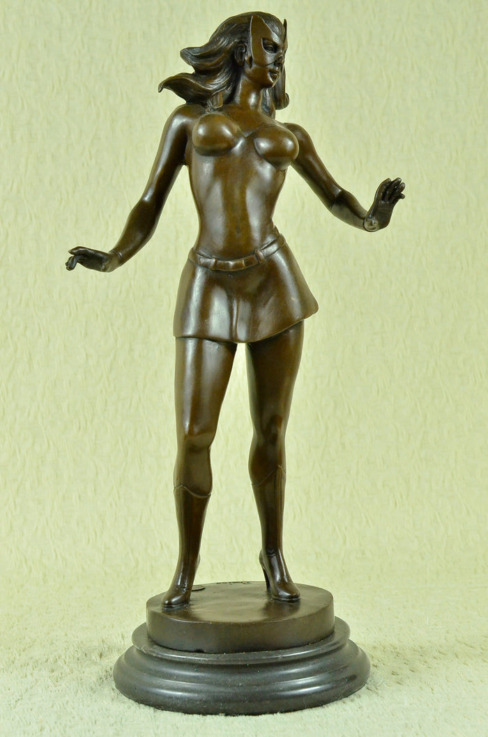 100% Solid Bronze Cat Woman Figurine Comic Marble Base Sculpture Home Decor