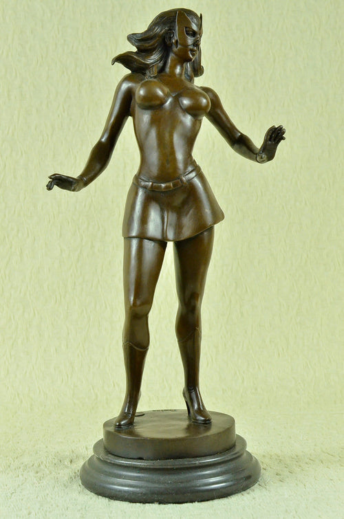 100% Solid Bronze Cat Woman Figurine Comic Marble Base Sculpture Home Decor