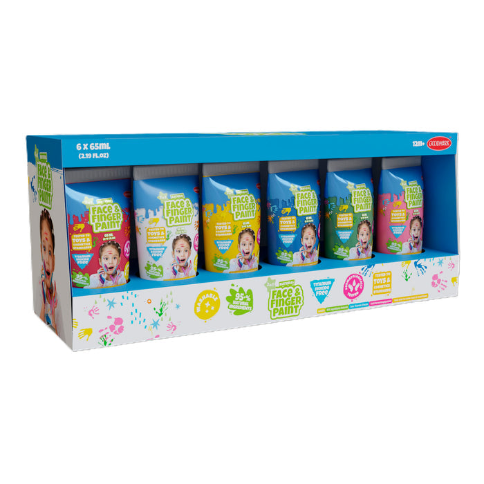 A boxed 6-piece set of Boti 2.3oz Natural Face and Finger Paints, each bottle with a child’s face and colorful designs, showcased in blue packaging with playful graphics and paint splatters.