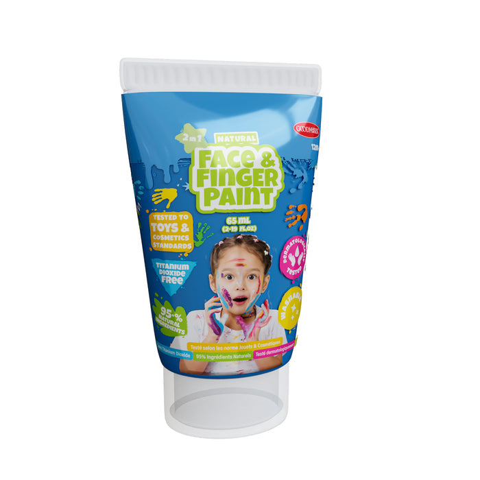 A tube of Boti 2.3oz Natural Face and Finger Paints (6pcs), showing a child smiling with painted cheeks. The packaging highlights it's hypoallergenic and titanium dioxide-free.