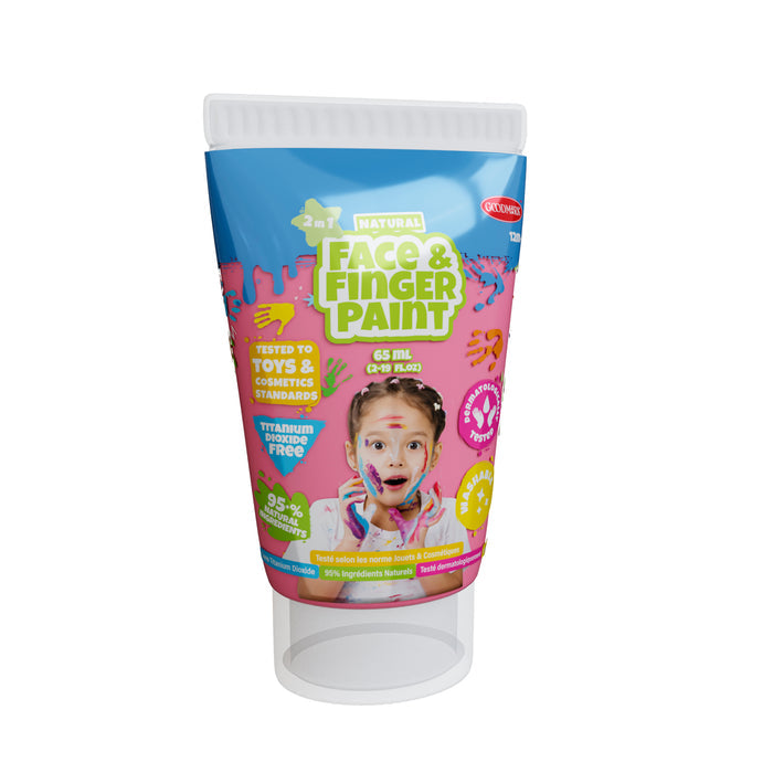 Boti 2.3oz Natural Face and Finger Paints - 6pcs: Safe, non-toxic paints for kids, with vibrant graphics showing a child’s colorful face. This set is free from titanium dioxide.