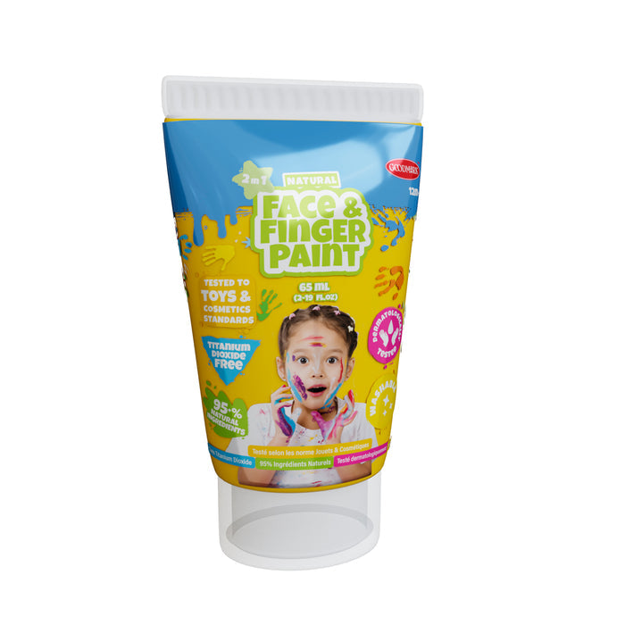 A tube from the Boti 2.3oz Natural Face and Finger Paints - 6pcs set features colorful graphics and a child with painted face and hands. The toy-tested label highlights 95% natural ingredients and compliance with cosmetic standards.