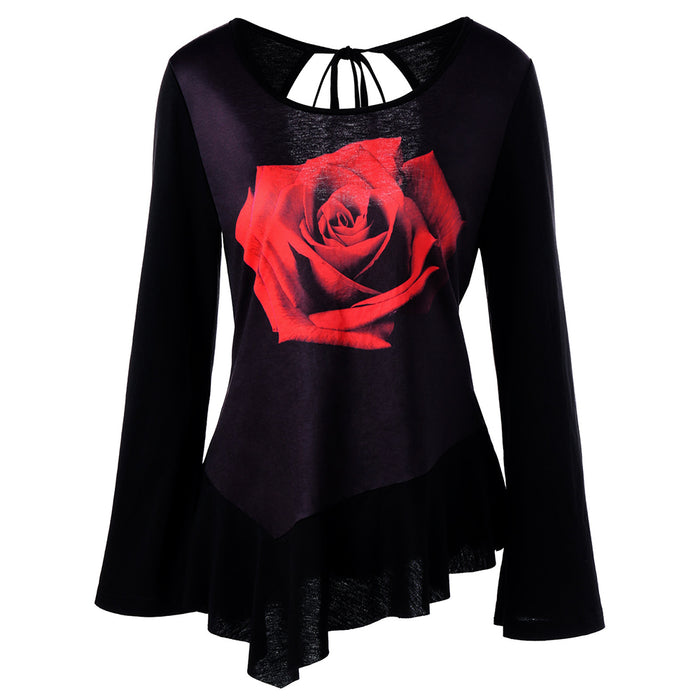 3D Rose Print Flare Top