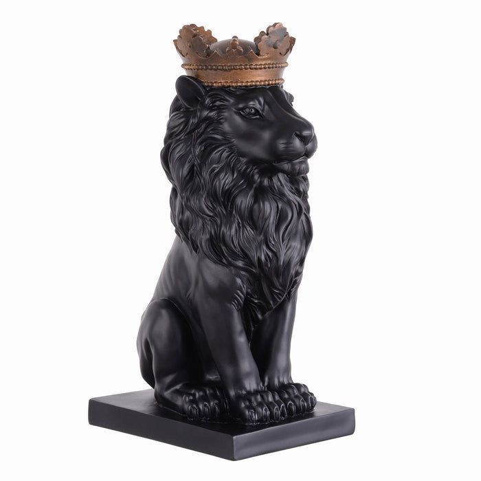 53007-BK - 14.5" H Black Sitting Lion W/ Gold Crown Resin Statue Statue Home Decor Living Room Display Hi-Line Gift Ltd.