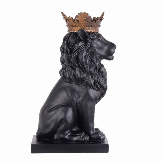 53007-BK - 14.5" H Black Sitting Lion W/ Gold Crown Resin Statue Statue Home Decor Living Room Display Hi-Line Gift Ltd.