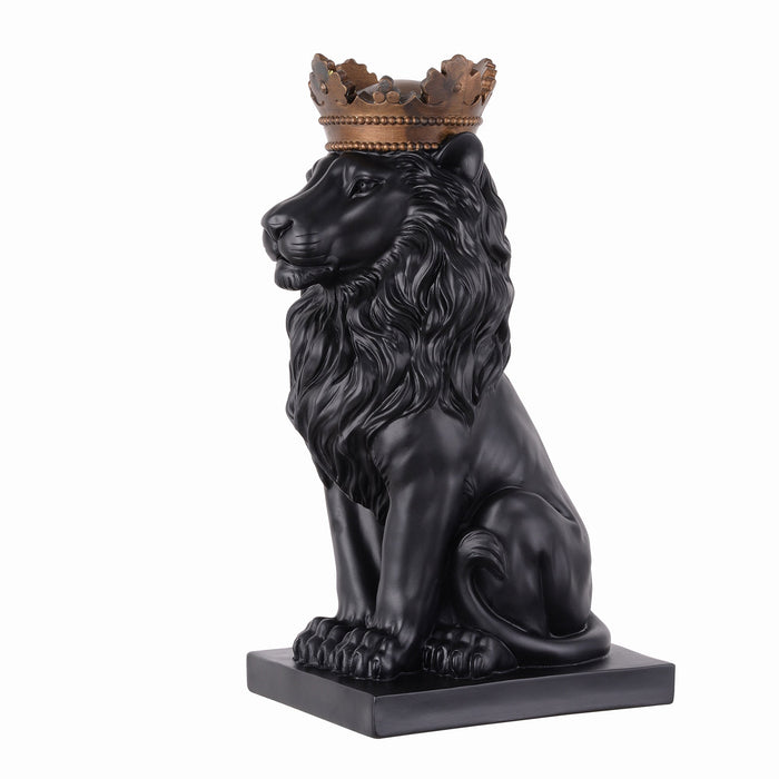 53007-BK - 14.5" H Black Sitting Lion W/ Gold Crown Resin Statue Statue Home Decor Living Room Display Hi-Line Gift Ltd.