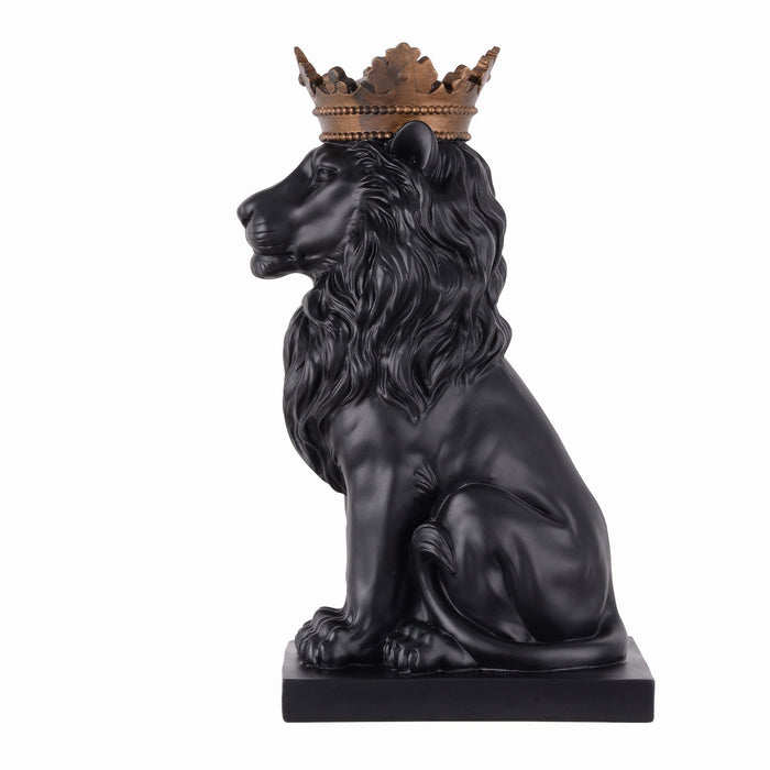53007-BK - 14.5" H Black Sitting Lion W/ Gold Crown Resin Statue Statue Home Decor Living Room Display Hi-Line Gift Ltd.