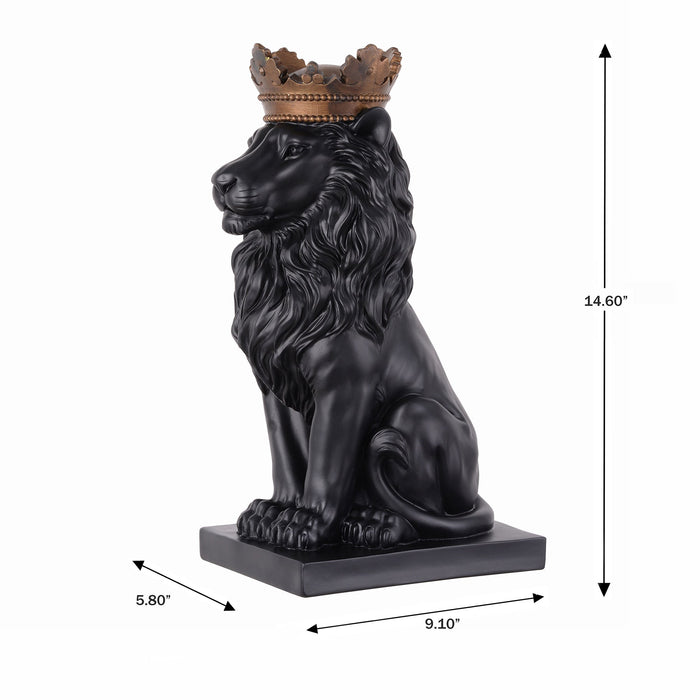53007-BK - 14.5" H Black Sitting Lion W/ Gold Crown Resin Statue Statue Home Decor Living Room Display Hi-Line Gift Ltd.