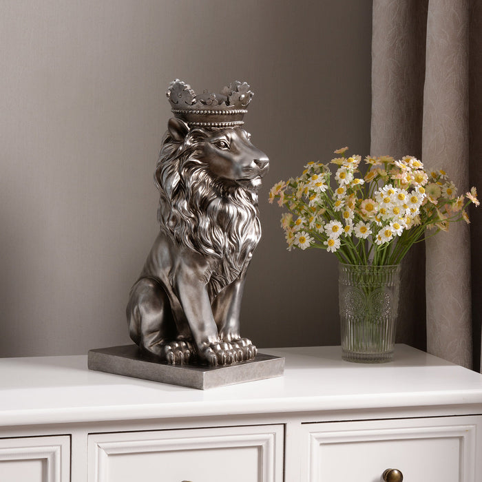 53007-SL - 14.5" H Sitting Lion W/Crown Silver Color Resin Statue Home Decor Living Room Display Hi-Line Gift Ltd.
