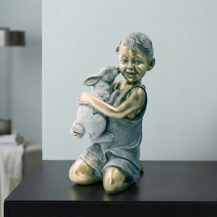 77184-G - Boy with Rabbit Garden Statue Hi-Line Gift Ltd.