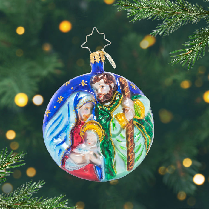 A Holy Night Gem. Round ornament of a night scene showing the night of our savior's birth! View of front