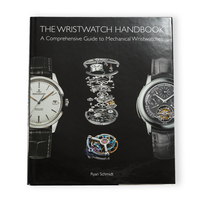 The Wristwatch Handbook cover with a central exploded watch movement and two wristwatches on the sides