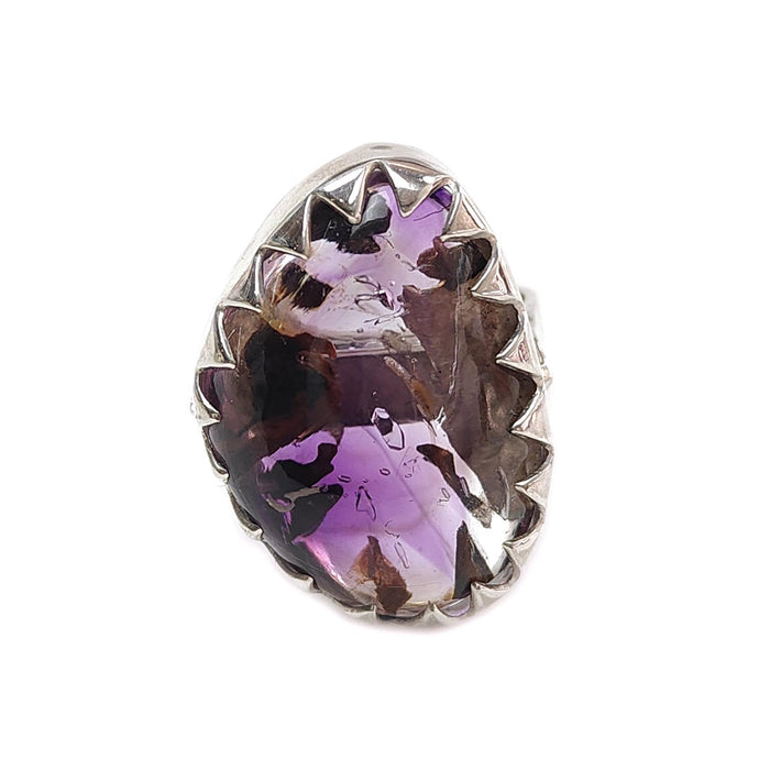 Amethyst Plain Silver Ring: 11.43gms Natural Untreated Super Seven Amethyst Fancy Shape Plain 925 Sterling Silver Bezel Set Adjustable Ring