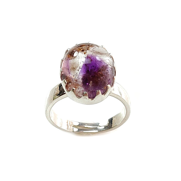 Amethyst Plain Silver Ring: 4.93gms Natural Untreated Super Seven Amethyst Oval Shape Plain 925 Sterling Silver Bezel Set Adjustable Ring