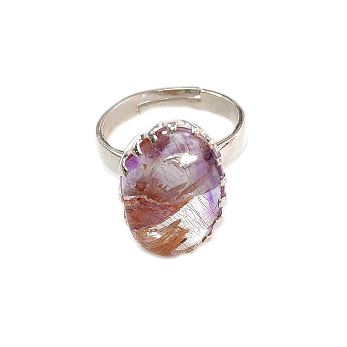Amethyst Plain Silver Ring: 5.41gms Natural Untreated Super Seven Amethyst Fancy Shape Plain 925 Sterling Silver Bezel Set Adjustable Ring