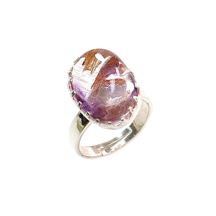 Amethyst Plain Silver Ring: 5.41gms Natural Untreated Super Seven Amethyst Fancy Shape Plain 925 Sterling Silver Bezel Set Adjustable Ring