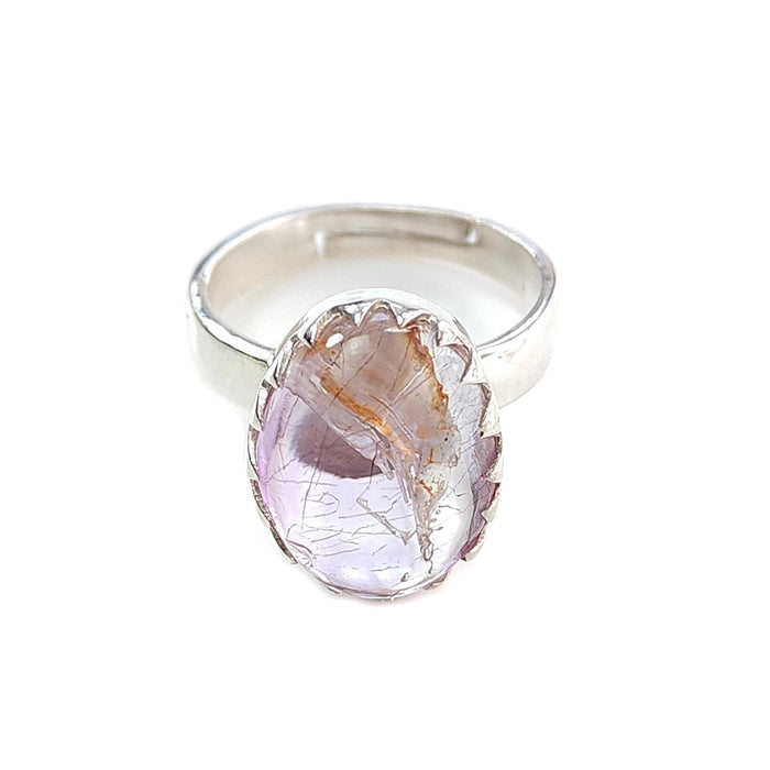 Amethyst Plain Silver Ring: 5.47gms Natural Untreated Super Seven Amethyst Oval Shape Plain 925 Sterling Silver Bezel Set Adjustable Ring