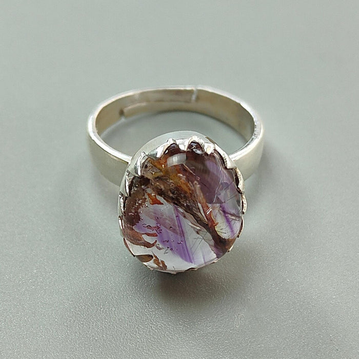 Amethyst Plain Silver Ring: 5.52gms Natural Untreated Super Seven Amethyst Fancy Shape Plain 925 Sterling Silver Bezel Set Adjustable Ring