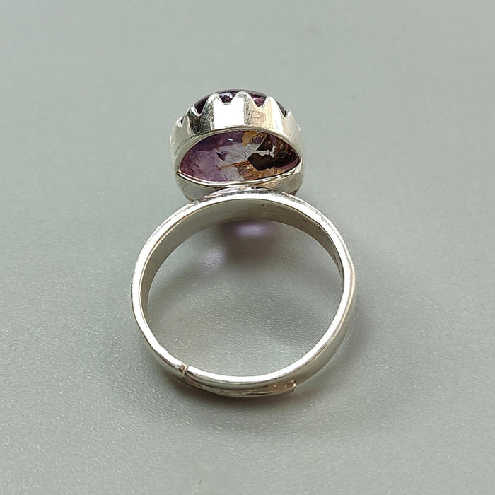 Amethyst Plain Silver Ring: 5.79gms Natural Untreated Super Seven Amethyst Oval Shape Plain 925 Sterling Silver Bezel Set Adjustable Ring
