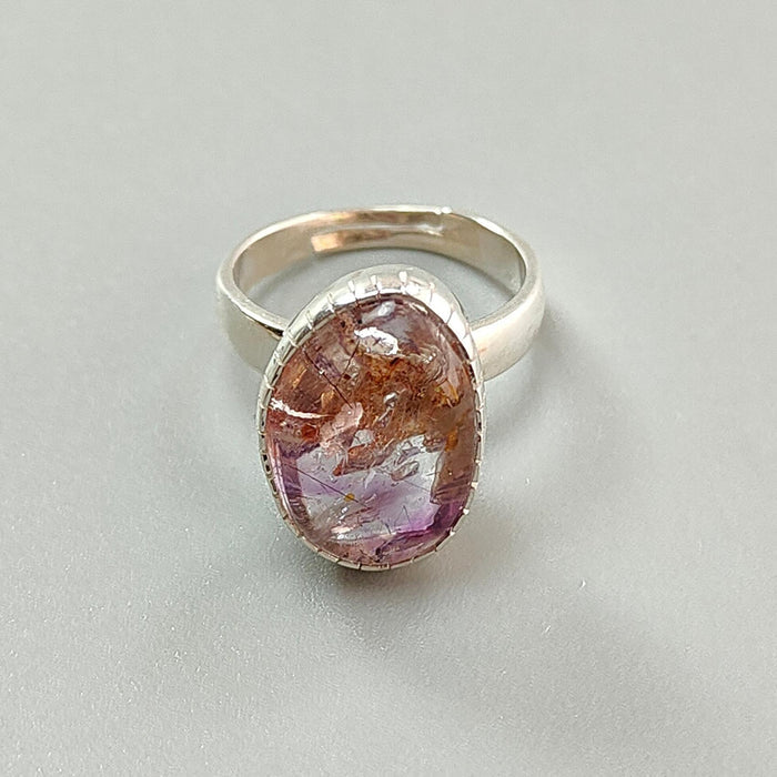 Amethyst Plain Silver Ring: 5.91gms Natural Untreated Super Seven Amethyst Fancy Shape Plain 925 Sterling Silver Bezel Set Adjustable Ring