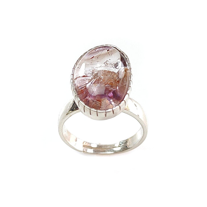 Amethyst Plain Silver Ring: 5.91gms Natural Untreated Super Seven Amethyst Fancy Shape Plain 925 Sterling Silver Bezel Set Adjustable Ring