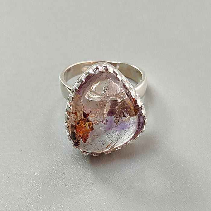 Amethyst Plain Silver Ring: 6.77gms Natural Untreated Super Seven Amethyst Fancy Shape Plain 925 Sterling Silver Bezel Set Adjustable Ring