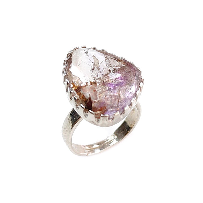 Amethyst Plain Silver Ring: 6.77gms Natural Untreated Super Seven Amethyst Fancy Shape Plain 925 Sterling Silver Bezel Set Adjustable Ring