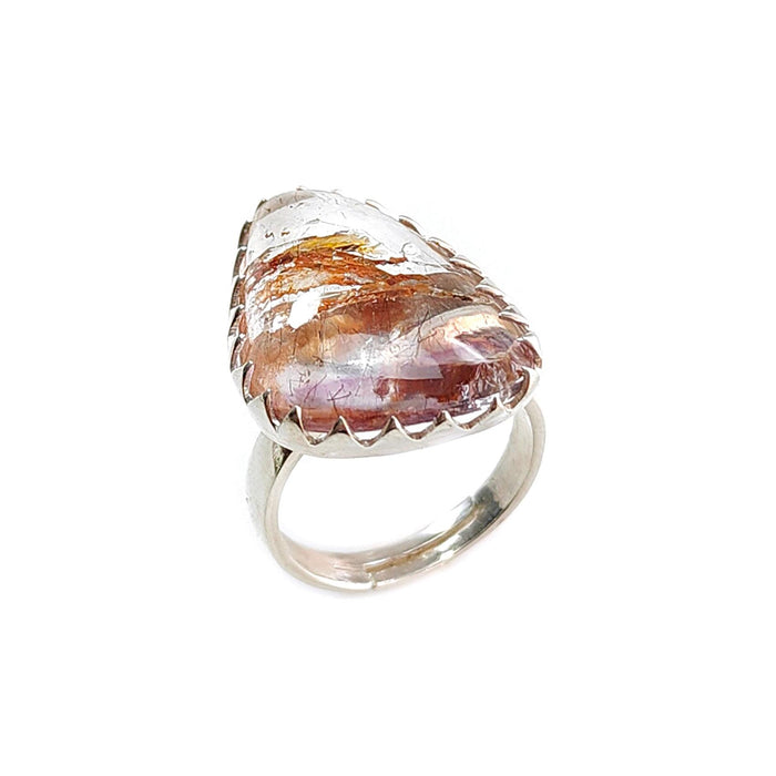Amethyst Plain Silver Ring: 6.87gms Natural Untreated Super Seven Amethyst Fancy Shape Plain 925 Sterling Silver Bezel Set Adjustable Ring