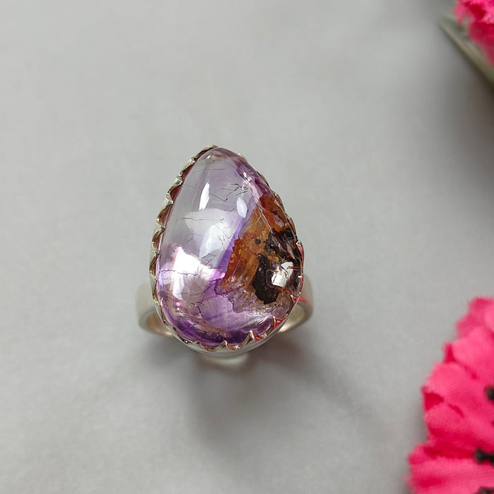 Amethyst Plain Silver Ring: 7.87gms Natural Untreated Super Seven Amethyst Pear Shape Plain 925 Sterling Silver Bezel Set Adjustable Ring