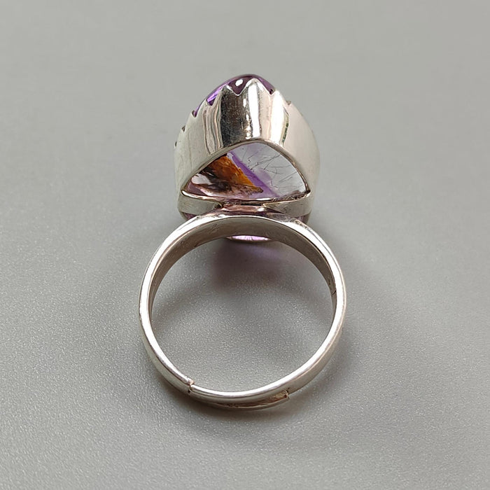 Amethyst Plain Silver Ring: 7.87gms Natural Untreated Super Seven Amethyst Pear Shape Plain 925 Sterling Silver Bezel Set Adjustable Ring