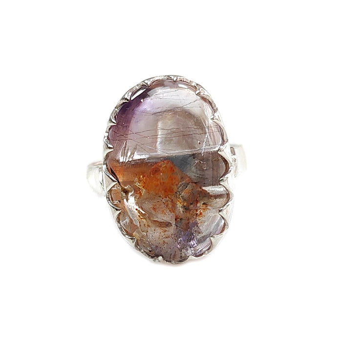 Amethyst Plain Silver Ring: 7.90gms Natural Untreated Super Seven Amethyst Oval Shape Plain 925 Sterling Silver Bezel Set Adjustable Ring