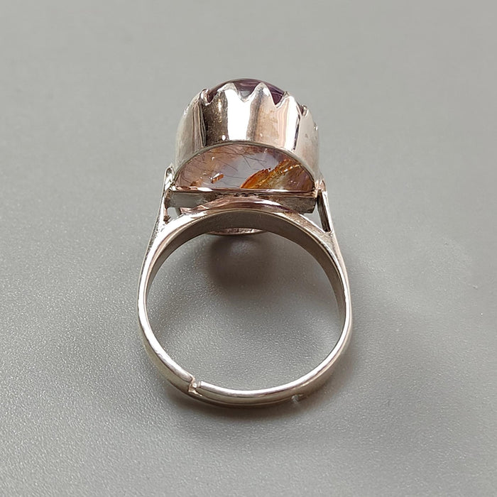 Amethyst Plain Silver Ring: 7.90gms Natural Untreated Super Seven Amethyst Oval Shape Plain 925 Sterling Silver Bezel Set Adjustable Ring