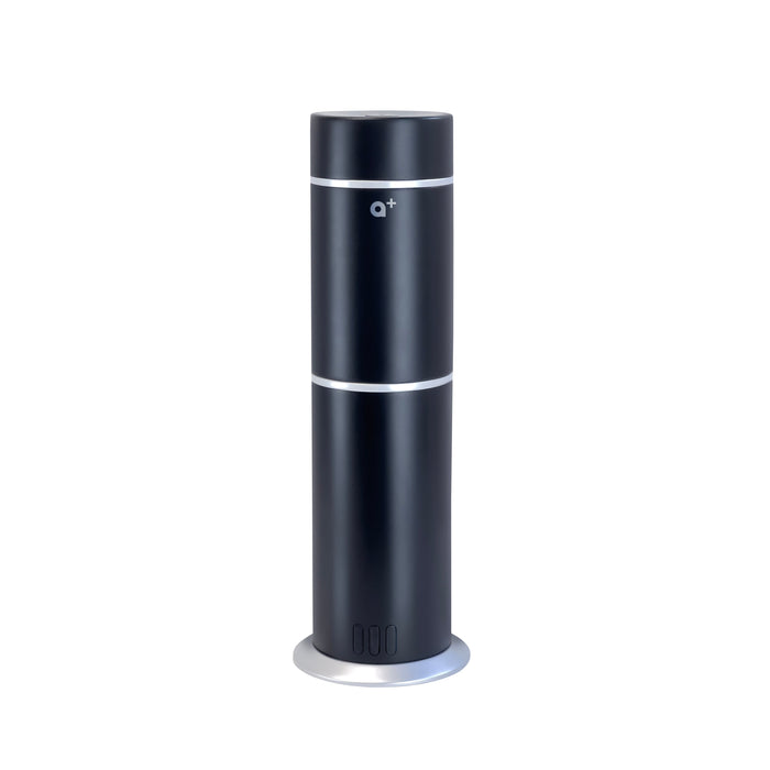 Black cylindrical device with a brand logo on a white background