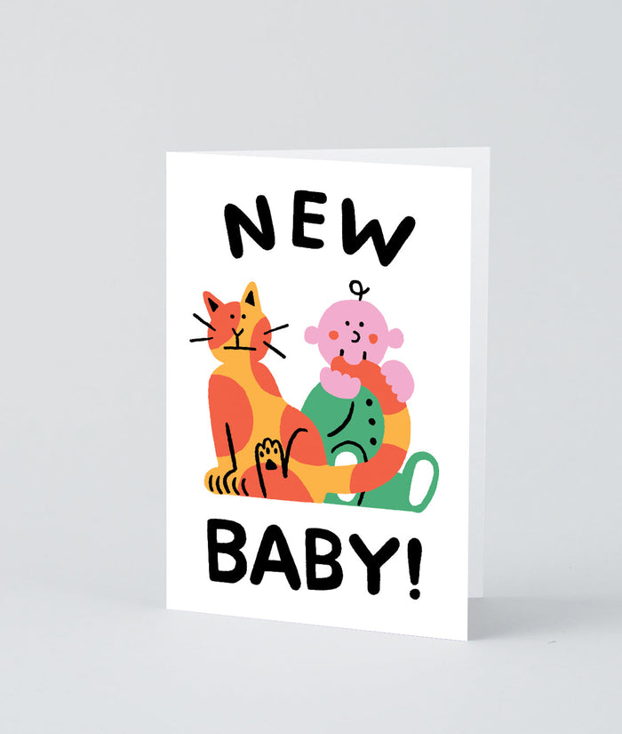 illustrated new baby card with ginger cat and baby on white background with NEW BABY! in black writing