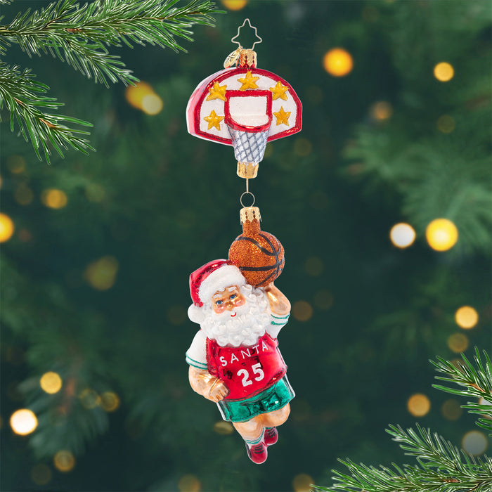 Baller Santa. Ornament of Santa playing basketball in his red and green jersey. View of front