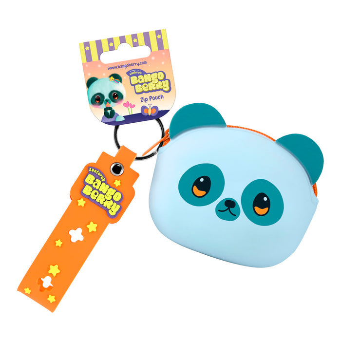 A small, adorable pouch shaped like a blue and teal panda face with orange ears, featuring an orange tag and "Santoro" label—Bangoberry Pally Panda Pouch is perfect as a cute bag accessory or character pouch.