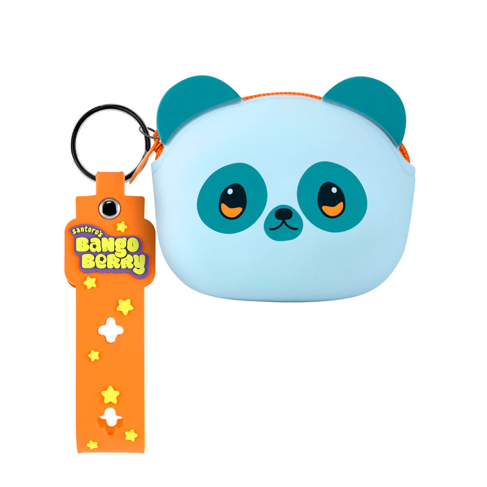 The Santoro Bangoberry Pally Panda Pouch is a light blue pouch shaped like a panda’s face with teal ears and orange-teal eyes. It features an orange keychain strap with yellow stars and “Bango Berry”—the perfect bag accessory!.