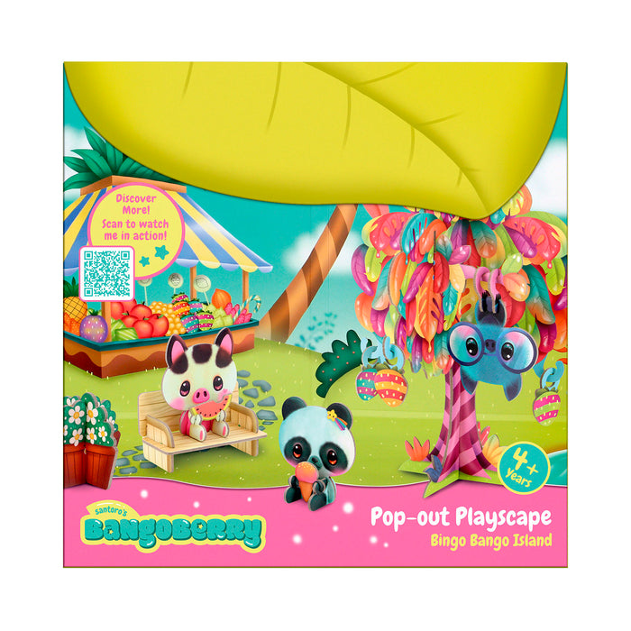 Bright packaging features animal characters enjoying an outdoor scene with trees and fruit. Text says: BangoBerry Pop-Out Playscape by Santoro. For ages 4+. A QR code and market stall invite creative play with this interactive set.