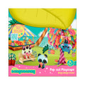 Bright packaging features animal characters enjoying an outdoor scene with trees and fruit. Text says: BangoBerry Pop-Out Playscape by Santoro. For ages 4+. A QR code and market stall invite creative play with this interactive set.
