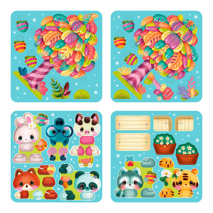 Four vibrant square puzzles on blue—a lantern-lit tree, a tree missing branches, cartoon animals, and planters—offer creative fun with the Santoro BangoBerry Pop-Out Playscape interactive playset.