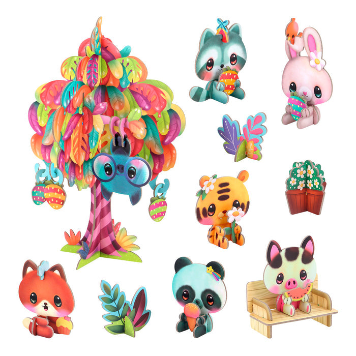 A colorful cartoon of a raccoon, bunny, tiger cub, fox, panda, and piglet with food and plants. Inspired by the Santoro BangoBerry Pop-Out Playscape, this playful scene encourages creative play among bright leaves and flowers.