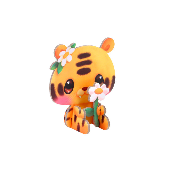 A cute, cartoon-style tiger figurine with big eyes holds a white flower and sports another on its head, ready for creative play in your Santoro BangoBerry Pop-Out Playscape.