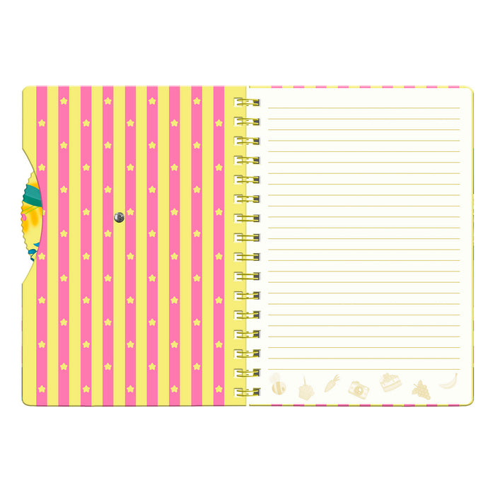 The Santoro Bangoberry Story Wheel Notebook - Sweet Summer features an open spiral design with a pink and yellow paw-print page on the left and a lined right page accented by light yellow icons—ideal for journaling.