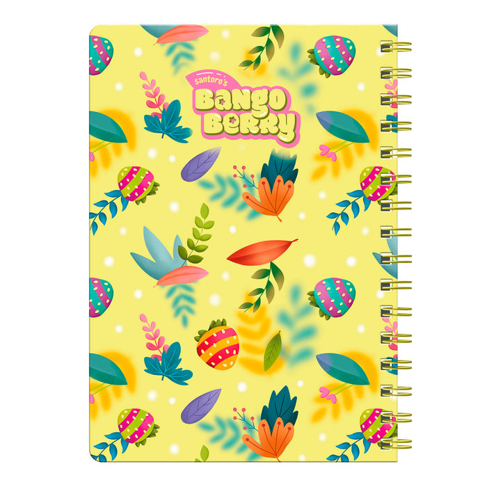 The Bangoberry Story Wheel Notebook - Sweet Summer by Santoro features a yellow cover with vibrant cartoon berries, leaves, and flowers. "Santoro's Bango Berry" is printed in bold at the top—ideal for summer-inspired journaling.