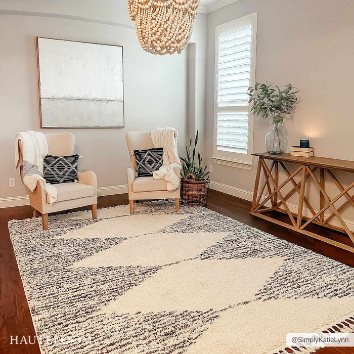 Beige and Charcoal Modern Geometrical Plush Pile Moroccan Style Area Rug - The Rug Decor