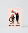 peach coloured greetings card that says Best Mum and shows a child holding on to the leg of a mum bending over smiling