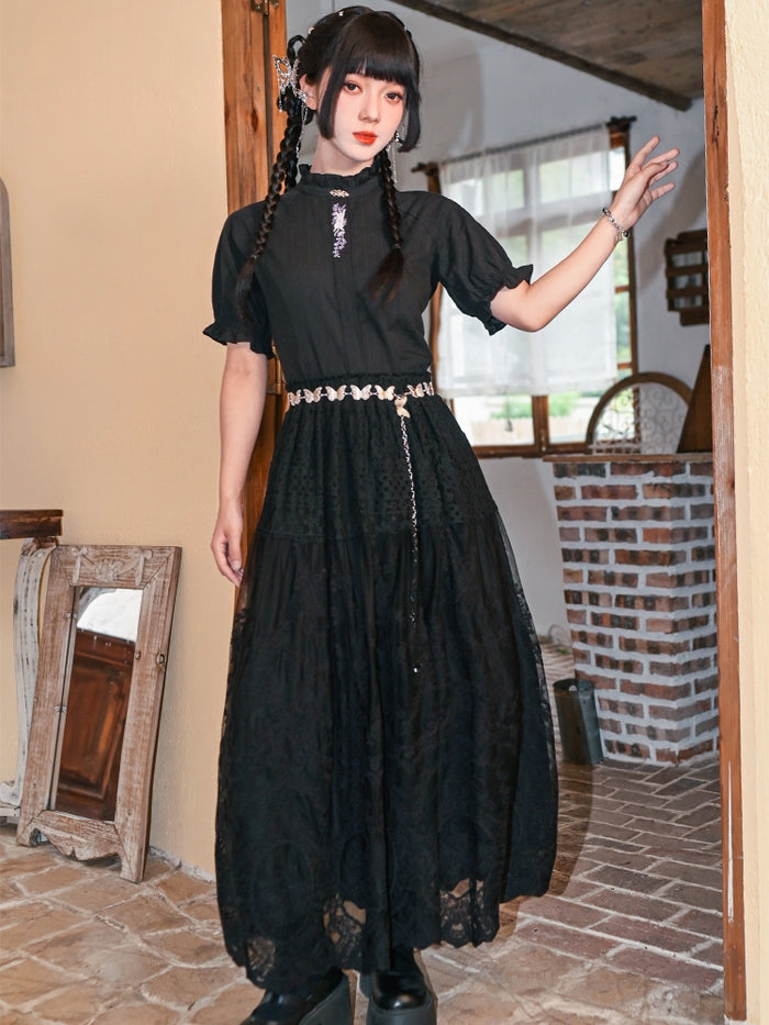 Black Hollow Floral Lace Midi Skirt