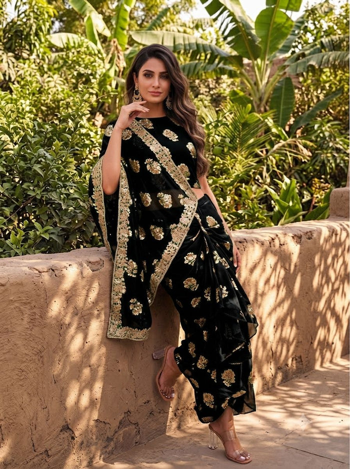 Black Pre-Draped Saree Skirt Set