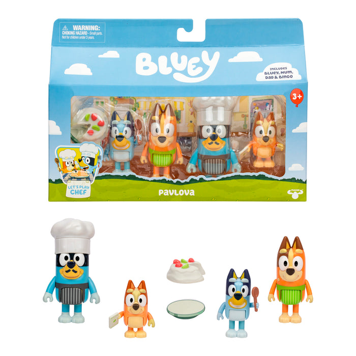 The Bluey Let’s Play Chef Pavlova 4-Pack Figure Set is shown in packaging with Bluey, Bingo, Dad, Chef figures, and play food accessories displayed above the unboxed contents.